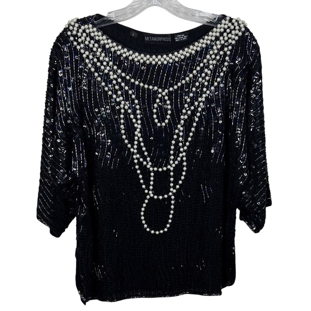 Vintage Metamorphosis Silk Beaded Blouse L Pearl Sequin Gatsby Party Art Deco
